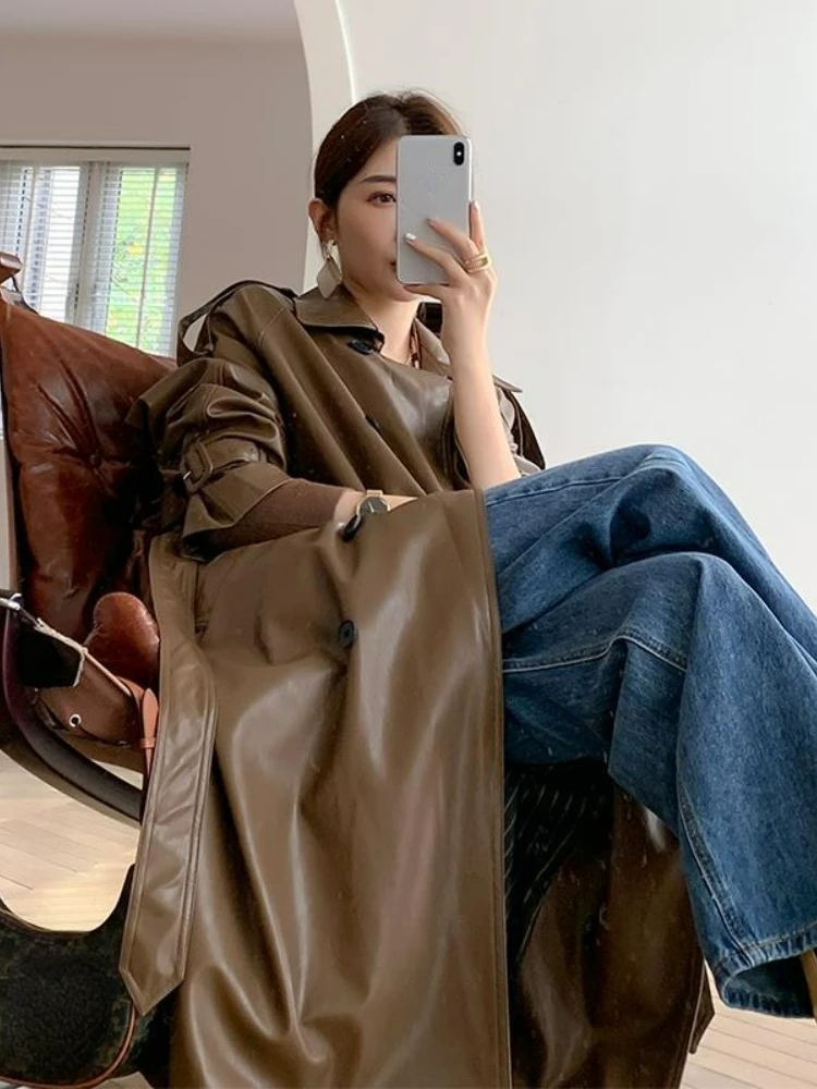 Autumn Faux Leather Long Trench Coat Women Black Double Breasted Korean Fashion Moto Jacket Streetwear Lady Outerwear Chic Coats