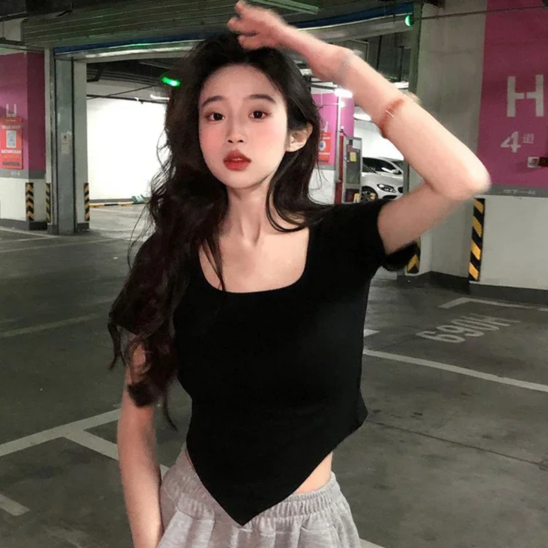 

Summer Slim Sexy Vest Sexy for Women Girls Short Sleeve U-Neck Tee Tank Top Female Solid Black White Korean Fashion Crop Top Y2k