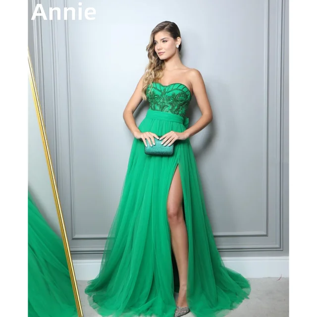 Annie Elegant Lady Prom Dresses Embroidered Tulle Green 2024 Evening Dress Strapless Side Slit Formal Occasions Party Dress Excellent product recommendation