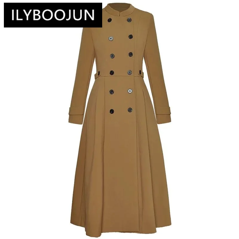 

ILYBOOJUN Fashion Overcoat Autumn Winter Women Long sleeve Double breasted Pocket Waist up High Street Long Windbreaker Overcoat