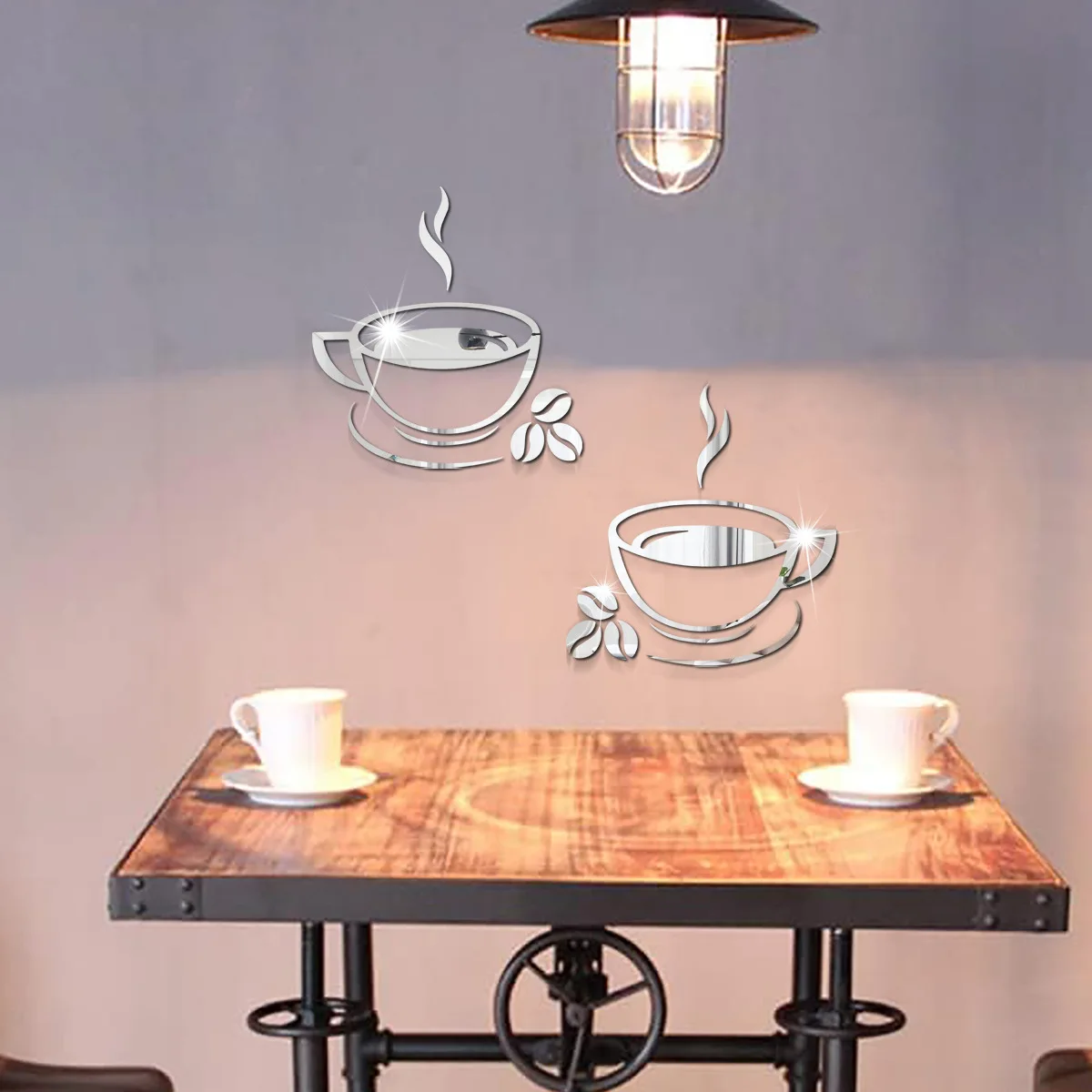2Pcs Acrylic Coffee Cup Decoration Mirror Wall Stickers Diy Self Adhesive Restaurant Bar Decoration Wall Stickers
