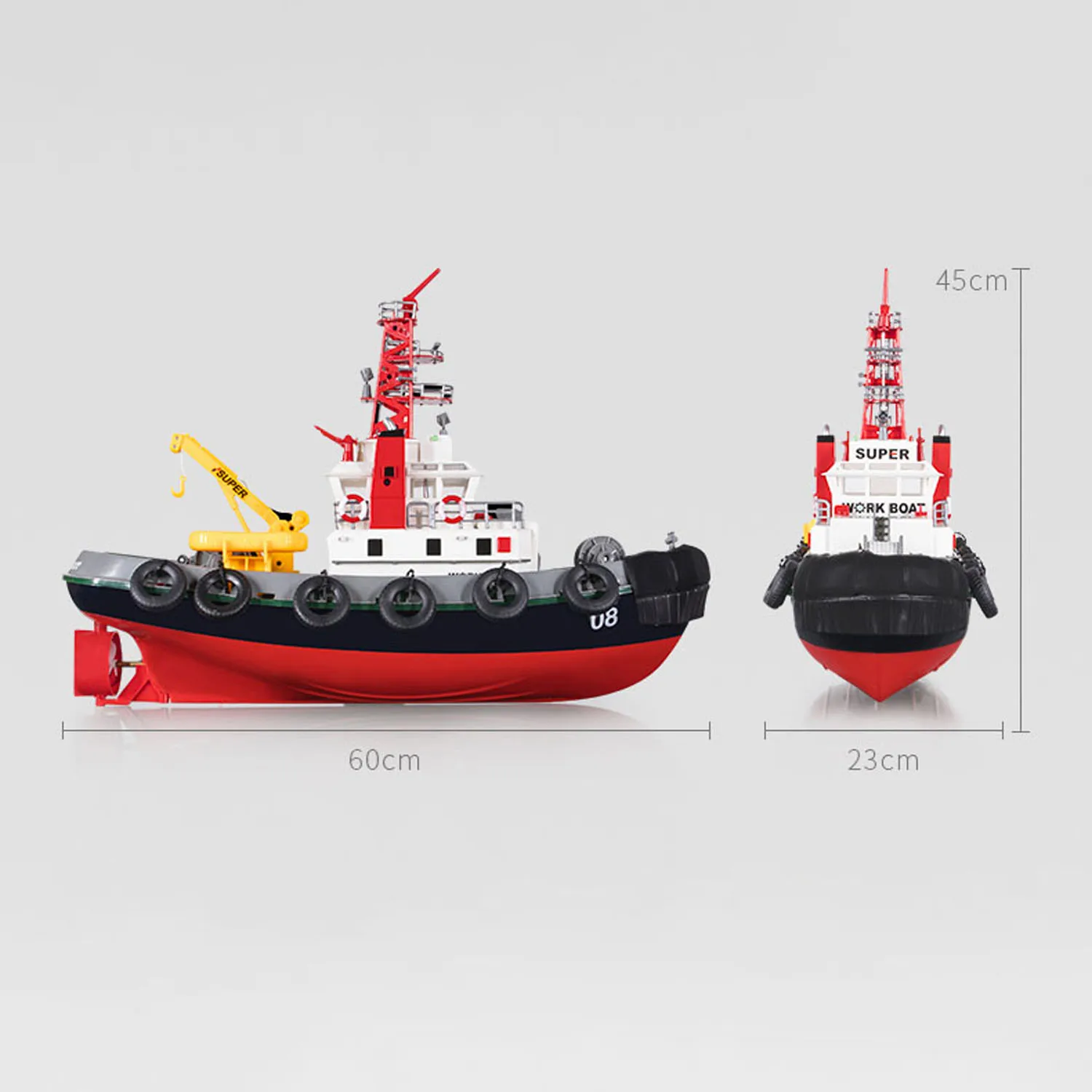 Détail du bateau télécommandé Henglong pompier 2.4G montrant la structure et les couleurs rouge et blanc