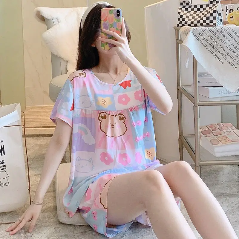 

1 Short-sleeved cotton silk pajamas women summer brim contracted cartoon leisurewear students silk suit big yards
