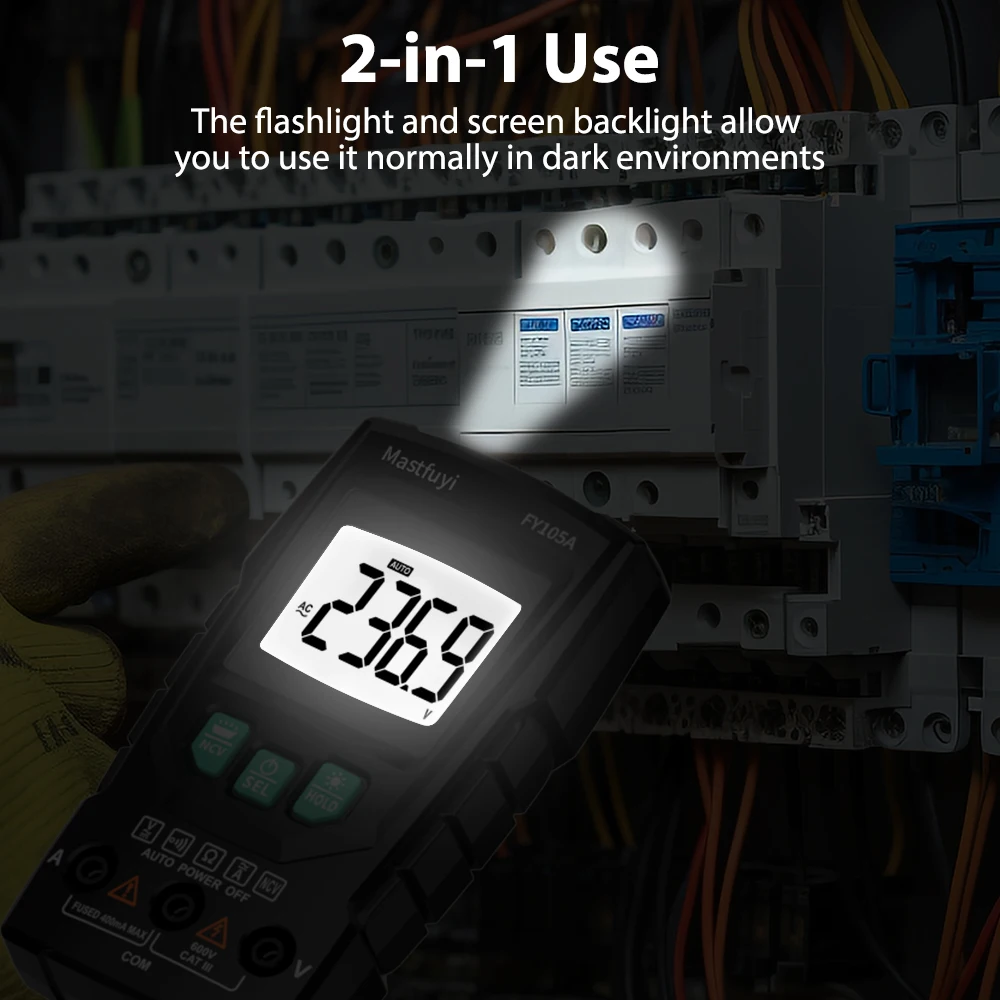 MASTFUYI Auto-Ranging Digital Multimeter AC/DC Voltage Current Resistance Tester with NCV Flashlight Continuity Mini Multimeter