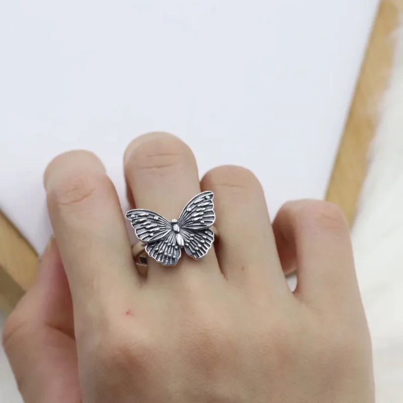 Real 925 Sterling Silver Butterfly ring For Women Girls Retro Ethnic Insect Adjustable Open Chinese Style Jewelry JZ111