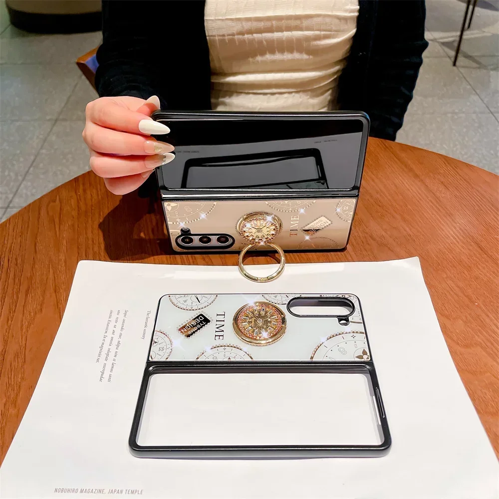 Custodia di lusso con anello in metallo glitterato per Samsung Galaxy Z Fold 6 Fold 5 Fold 4 Fold 3 Custodia protettiva pieghevole lucida antiurto Funda_voghion.com