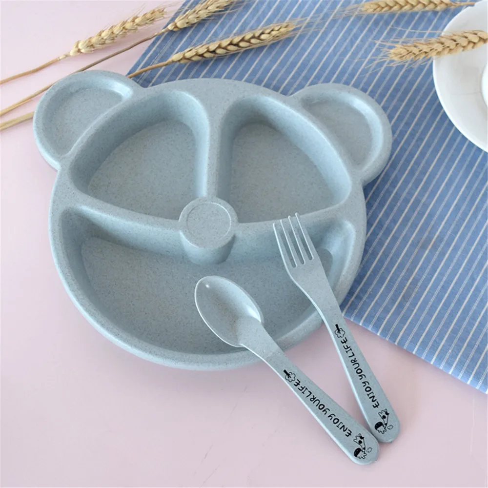 Baby Bowl+spoon+fork Feeding Food Tableware Set Cartoon Bear Kids Dishes Eating Dinnerware Anti-hot Wheat Straw Training Plate baby tableware set