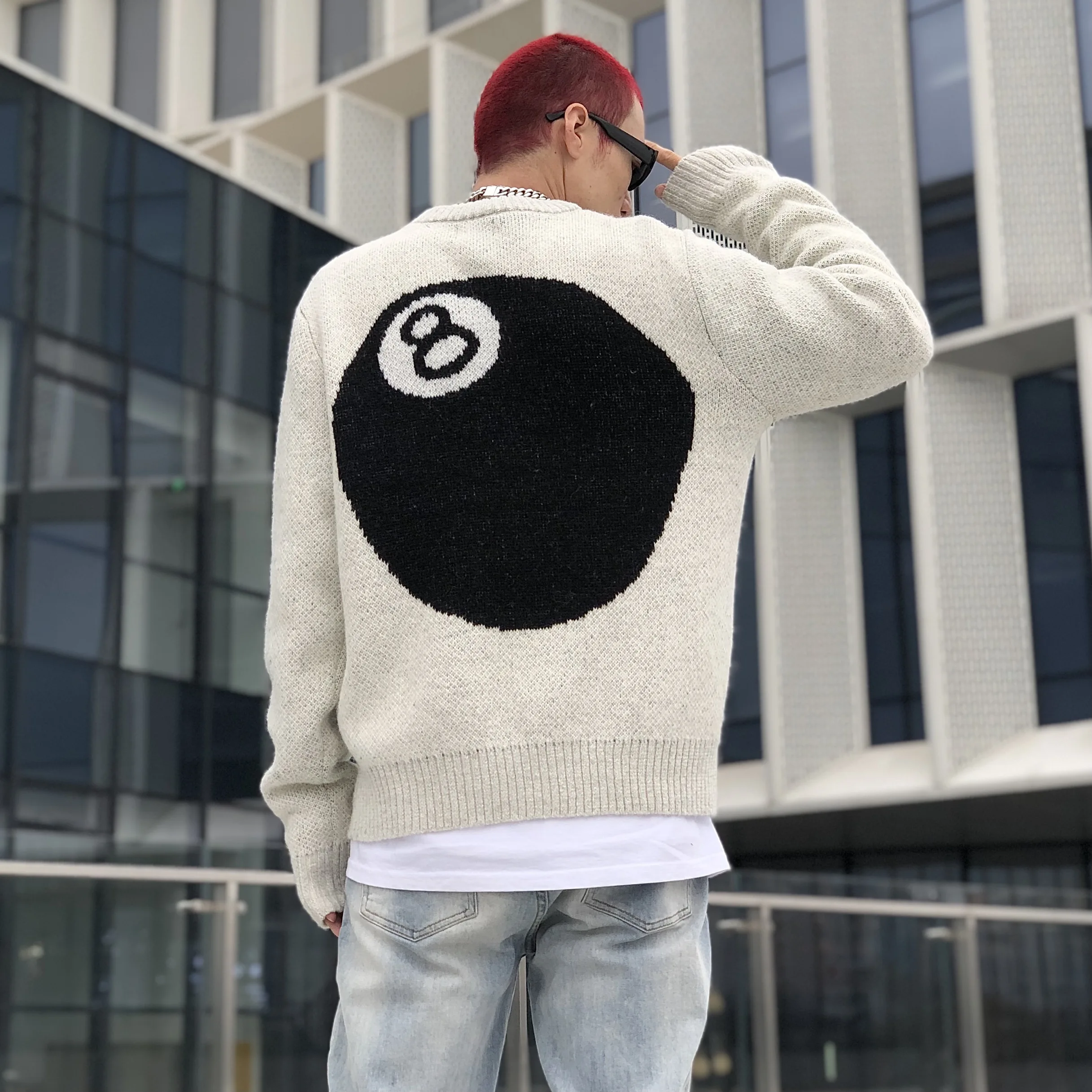 

Billiard Black 8 Heavyweight Casual Sweater Jacket Oversized Gray Sweater Knitwear Hip Hop Men'S High Street Loose Sweater Y2k