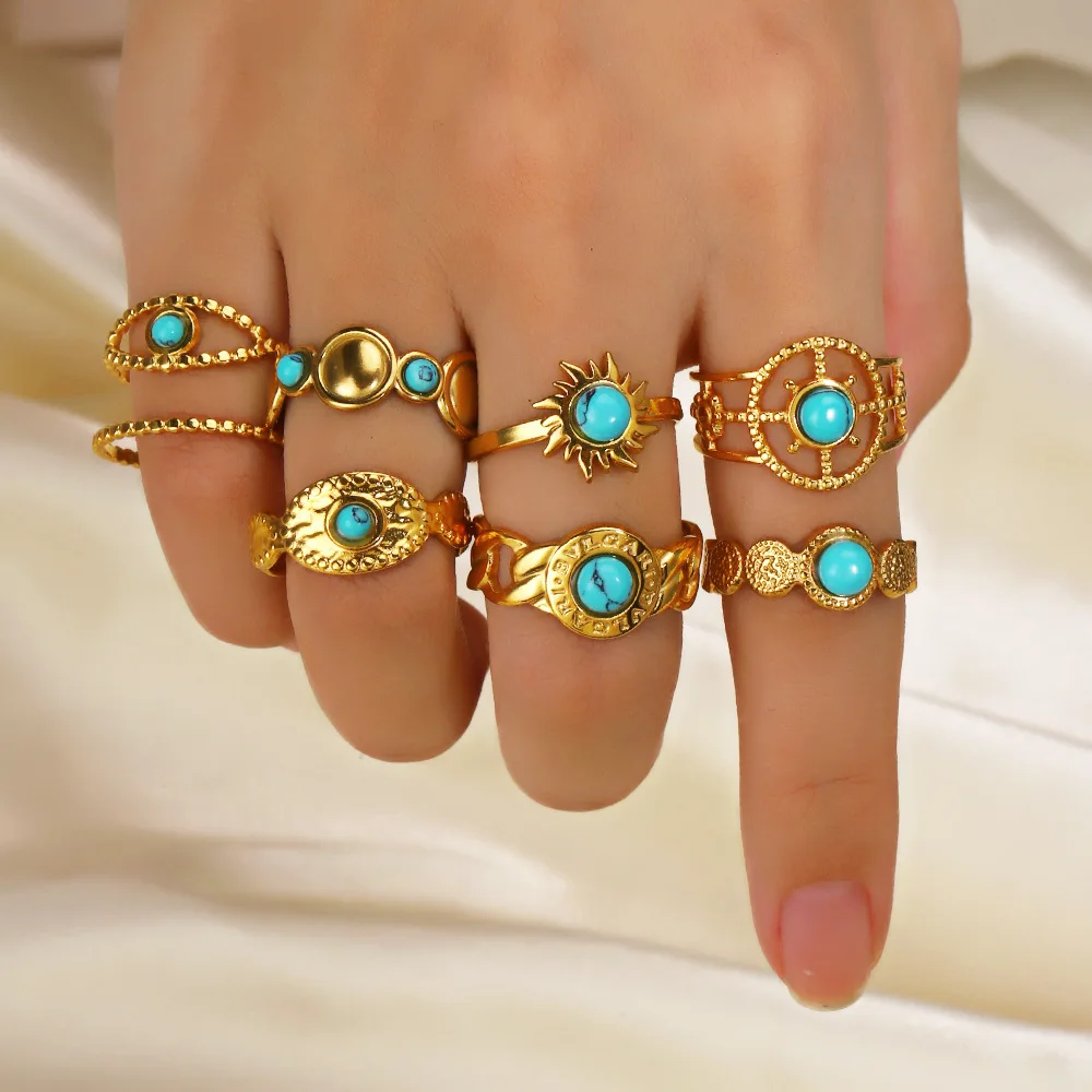 

Fashion Retro Titanium Steel Ring Ornament Advanced Sense Light Luxury Minority Turquoise Stainless Steel Ring Foreign Trade