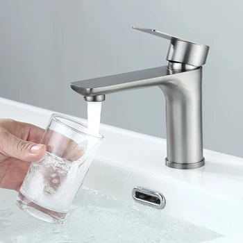 Rubinetto per lavabo da bagno spazzolato/grigio Miscelatore caldo e freddo Montaggio su appoggio Maniglia singola in acciaio inossidabile 304 1