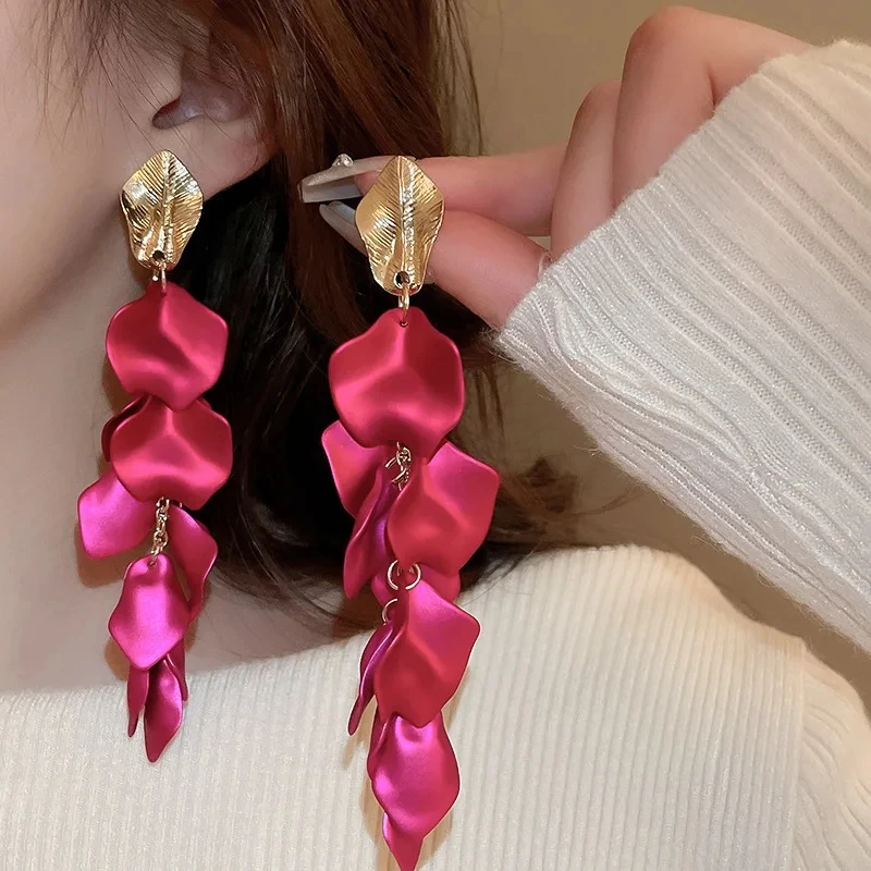 Gold Metal Leaf Acrylic Petal Tassel Earrings - Bold Floral Statement in Rose, Pink, and Orange