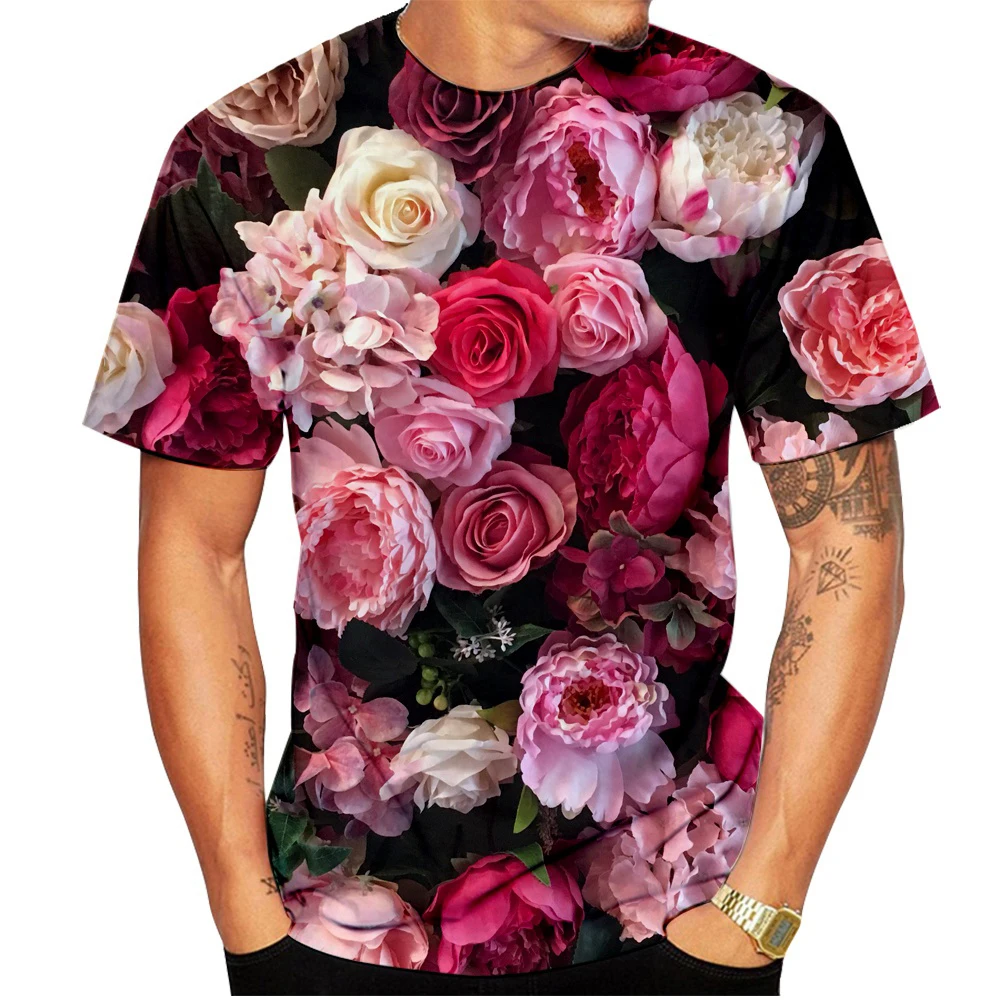 

Rose T-shirt Men's Fashion 3D Printing T-shirt Summer Casual Short Sleeve Flower Shirt Top