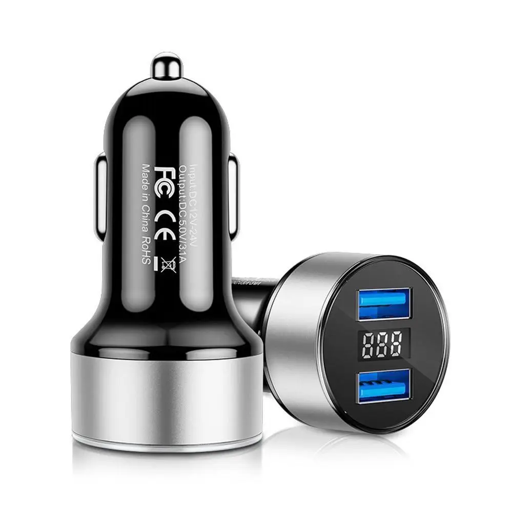 Car Charger For Cigarette Lighter Smart Phone USB Adapter Mobile Phone Charger Dual USB Digital Display Voltmeter Fast Charging