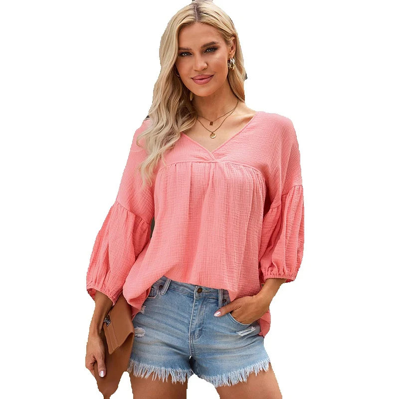 

Autumn New Solid Textured Chiffon Shirt Women's Casual Style Pullover V-Neck 3/4 Sleeve Top Wear