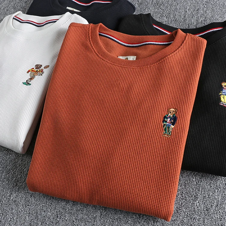 Autumn New American Retro Long Sleeve Waffle Embroidery Sweatshirts Men\'s Pure Cotton Washed Pullover Knitted Casual Sportwear