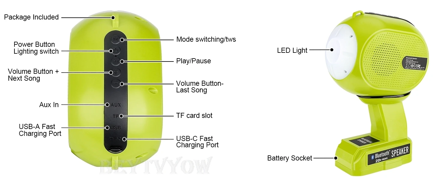 Cordless Bluetooth Speaker Compatible with Ryobi 18V Battery with LED Light USB-