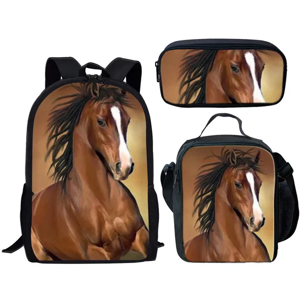 Popular Youthful Fire Crazy Horse 3D Print 3pcs/Set Student Travel bags Laptop Daypack Backpack Lunch Bag Pencil Case