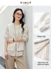 VIMLY Women Commuter Fake 2PCS Spliced Stripe Split at HemSweatshirt 2025Spring Lazy Style Simple Casual Versatile Top Pullovers 2
