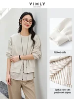 VIMLY Women Commuter Fake 2PCS Spliced Stripe Split at HemSweatshirt 2025Spring Lazy Style Simple Casual Versatile Top Pullovers 2