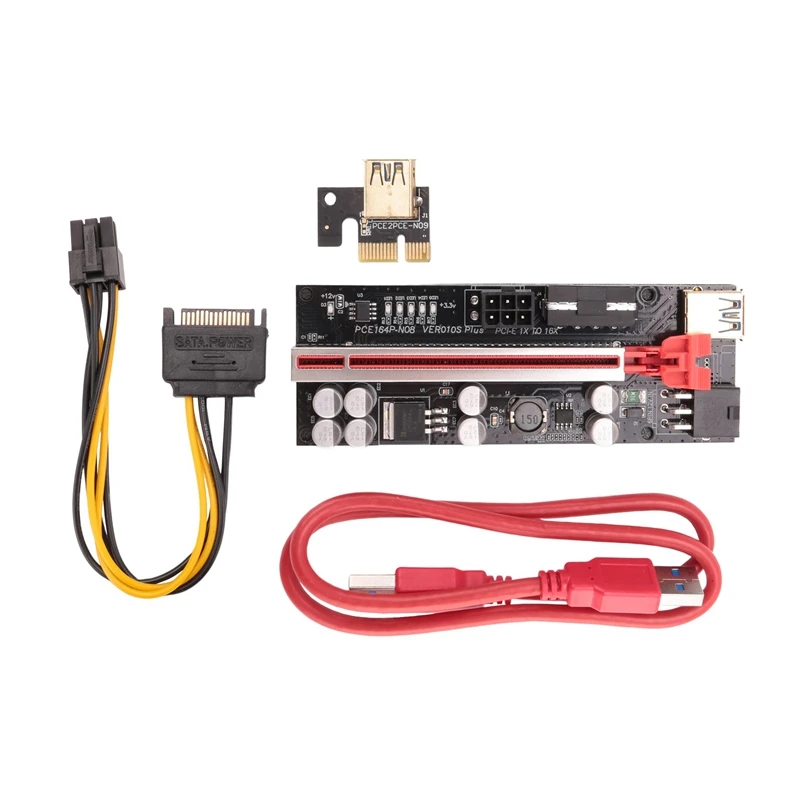 

6PCS VER009 Plus SATA Card Adapter With LED Light 8 Solid Capacitors PCIE 1X To 16X PCIE Riser Card USB 3.0 Cable