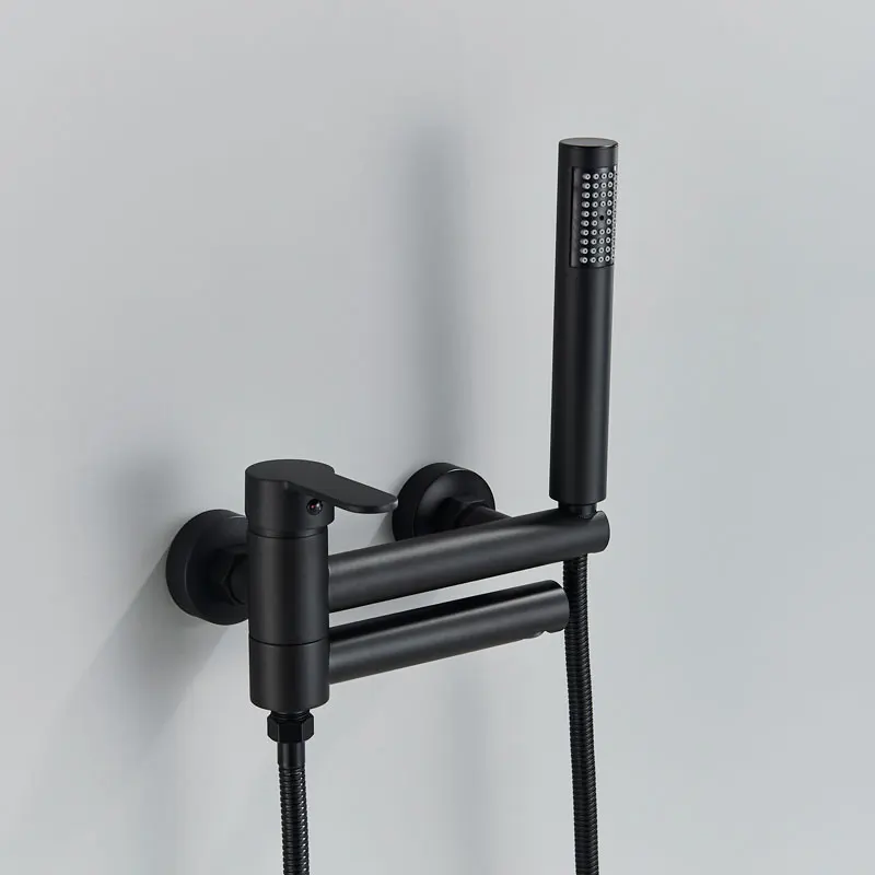 Matte Black Bathtub Faucet Wall Mounted Bathroom Shower Mixer Tap With Swivel Tub Spout  Long Spout Tub Crane Single Handle 4