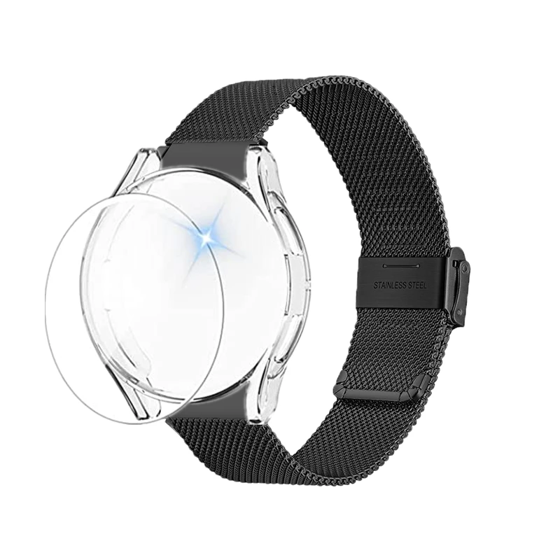 

3 шт., чехол для Samsung Galaxy Watch 5 4 Pro 45 мм 44 мм 40 мм + закаленное стекло + металлический ремешок без зазоров для Galaxy Watch 4 Classic 46 мм 42 мм
