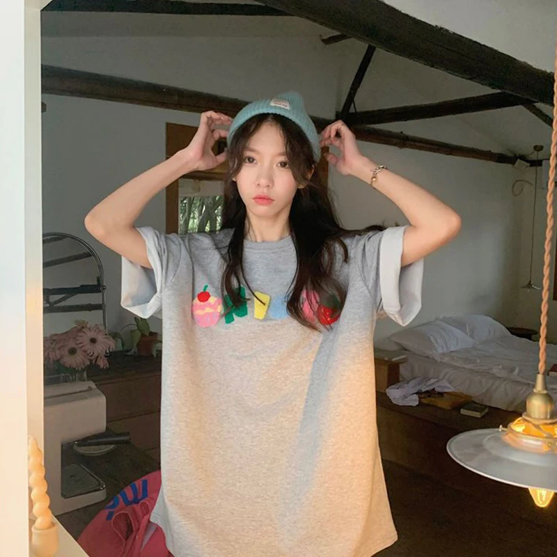 여성용 산뜻한 자수 루즈핏 O넥 얇은 반팔 비치 티 셔츠, 한국 레터 화이트 탑 티, 여름