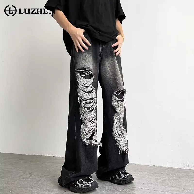 

LUZHEN стильные широкие полые дизайнерские джинсы для мужчин 2024 Модные свободные прямые джинсовые брюки-трубы Бесплатная доставка LZ2430