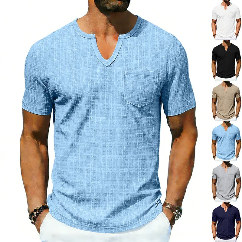 Grenzüberschreitendes, lockeres, atmungsaktives Herren-Sommer-T-Shirt aus Bambus, lässiges Hawaii-Strand-T-Shirt mit V-Ausschnitt und kurzen Ärmeln – Detail 30