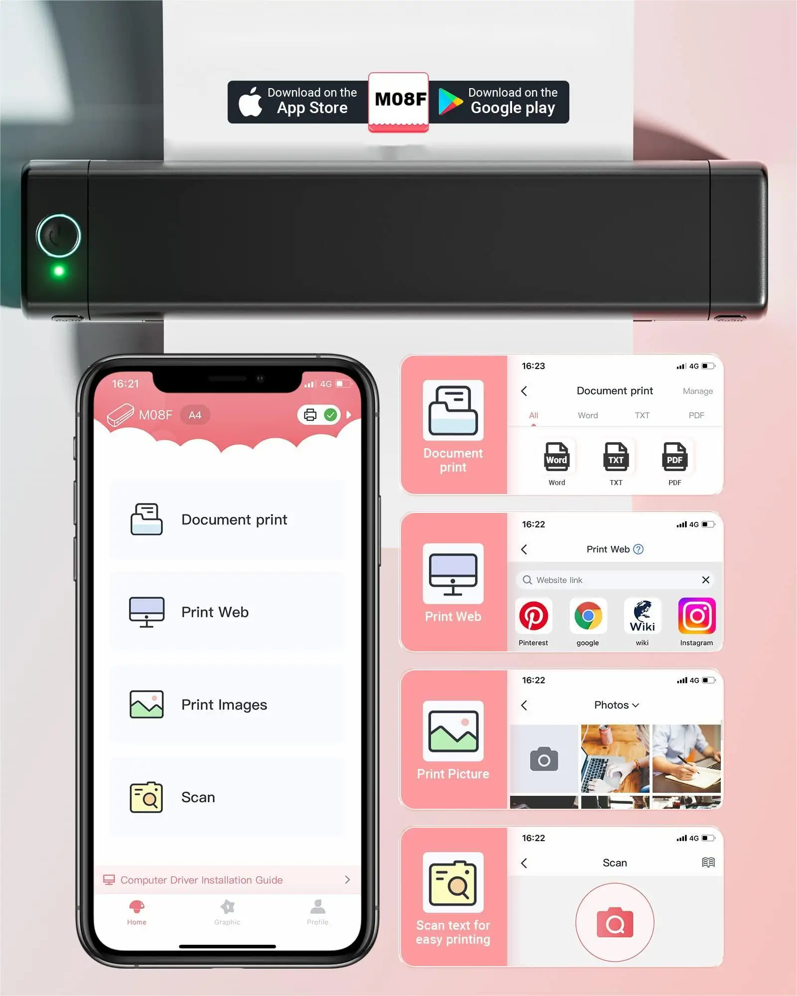 M08F A4 휴대용 열전사 프린터, HD 인쇄, 잉크 없음, 다기능 무선 블루투스, 휴대용 미니 개인 가정 사무실 프린터