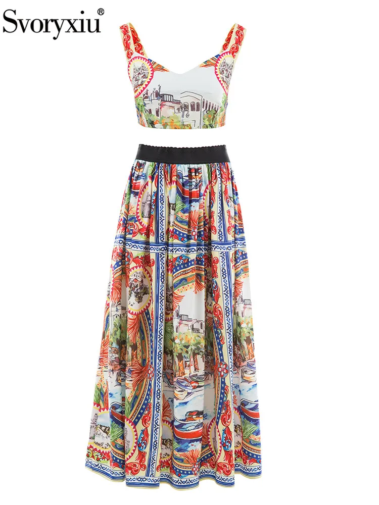

Svoryxiu Women Fashion Designer Summer Party Skirt Suit Spaghetti Strap Short Top+Floral Print Elastic Waist Skirts 2 Pieces Set