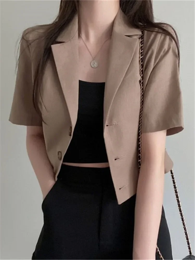 REALEFT Vintage Style Cotton and Linen Suit Women's Blazer 2024 Spring Summer Solid Color Short Sleeve Casual Short Outwear Coat