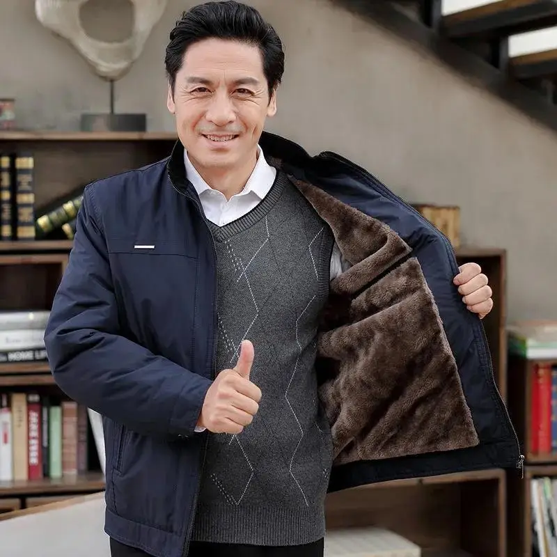 

Autumn and Winter Plush Thick Jacket Men Middle-Aged Elderly Fathers Casual Warm High-end Cotton Coat Clothes M4