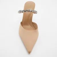 TRAF Women Rhinestone Pointed High Heels Sandals Woman Party High-heeled Sandals Spring Summer 2024 Wedding Bride Heeled Sandals 2