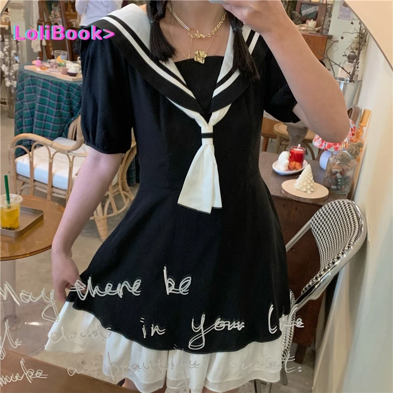 

Japanese Style Kawali Women Lolita Gothic Soft Sweet Vintage Ruffle Hepburn Party Casual Dress Summer 2021