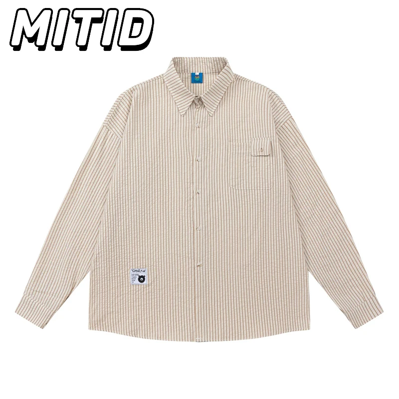 

Рубашка мужская в японском стиле, винтажная полосатая сорочка с длинным рукавом, повседневный СВОБОДНЫЙ Модный Топ, одежда для мужчин, весна-осень