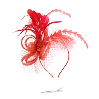 Lady Fascinators Headband with Hair Clip, Pillbox Hat Cocktail Tea Party Headwear, Flower Hat with Veil and Feather for Women 2