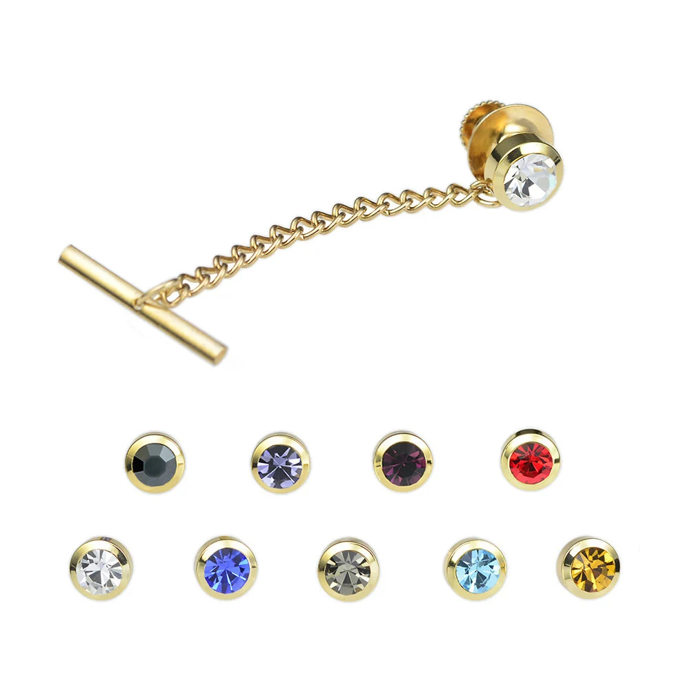 ICEYY Brass Metal Classic Round Crystal Tie Tack/Pin with Safety Chain