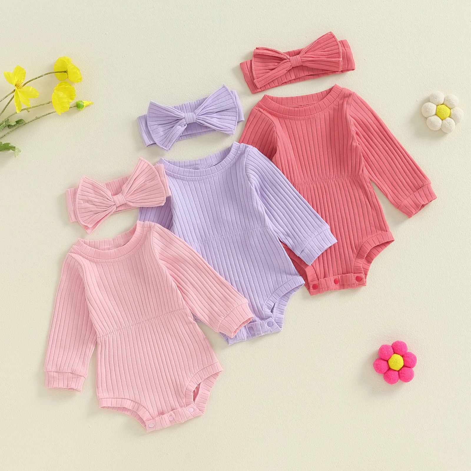 

Newborn Baby Girl Clothes Solid Color Ribbed Knit Long Sleeve Romper Bodysuit Jumpsuit with Headband Spring Fall Outfit
