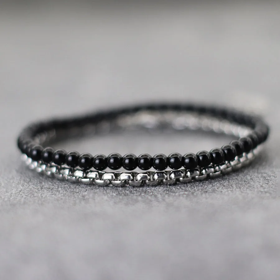 Men Stainless Steel Cuban Chain Bracelet Set Natural Stone