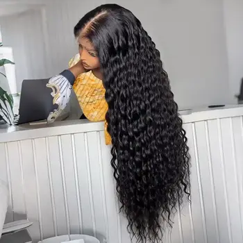 Long Deep Wave Black Color Synthetic 13X4X1 HD Lace Frontal Wig For Black Women Prepucked Bleach Knots Glueless Wig Daily Party