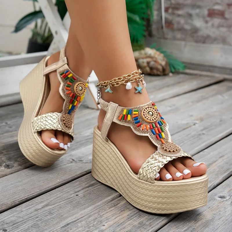 Women Sandals Bohemian Style Wedge Sandals Summer Thick Sole Non Slip Beach Shoes Woman Colorful Bead Chunky Platform Sandals - 4