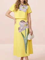 Freeacy Women's Floral Printed Dress Sets Short Sleeves Cropped T-shirt & High Waist Pleated Skirt 2026 Elegant Party Wears - Image 3