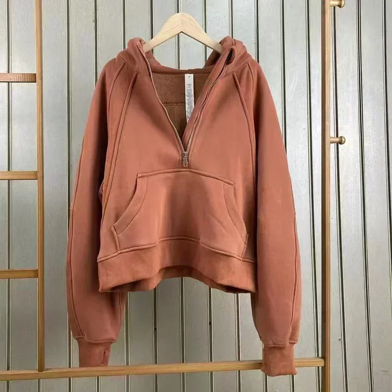 Lemon Long Sleeve Thickened Warm Training Sports Gym Outdoor Yoga Jacket Women Scuba Half Zipper High Collar Hoodie