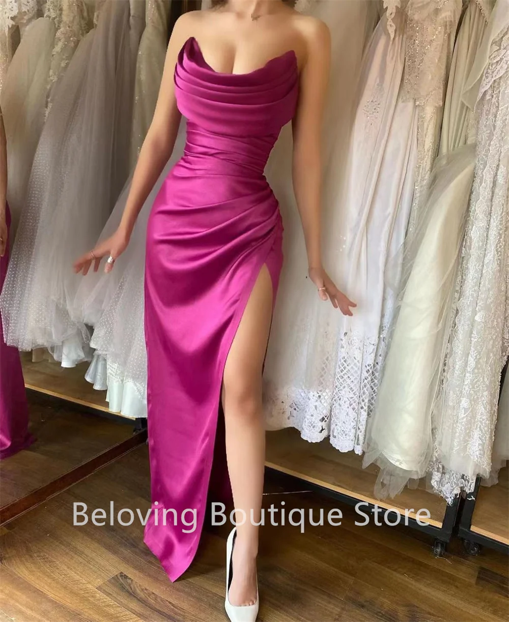 

Luxury Strapless Mermaid Evening Dresses Arabic High Split Side Celebrity Pageant Gowns Pleated Satin Party Dress For Weddings