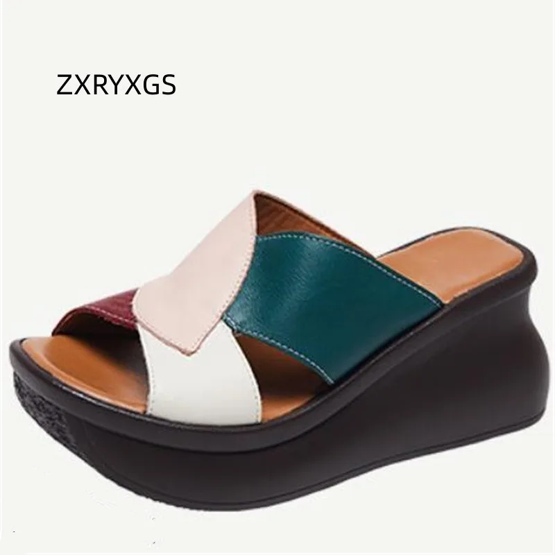 

ZXRYXGS Top Cowhide Spell Color Female Sandals Platform Heightening Shoes Wedges Slipper 2023 New Real Leather Slippers Sandals
