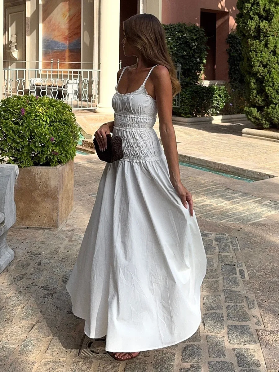 Bornladies New 2026 Summer White Ruched Long Dresses Women's Spaghetti Strap Cotton Slim Fitted Waist Dress