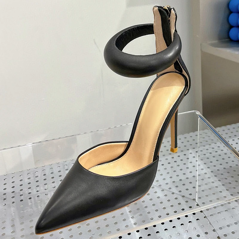 

High-End Female High Heel Sandals Summer New Real Leather Upper Appear Thin Banquet Sandals Solid Color Pointed Toe Women Pumps