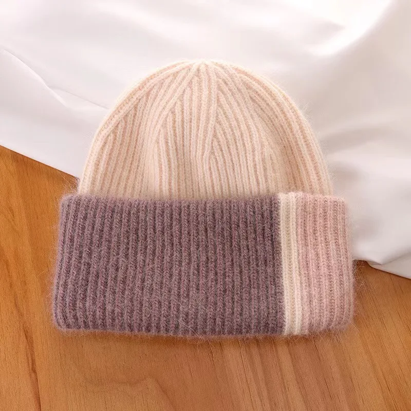 Knitted Beanie Hat For Women Warm Winter Rabbit Fur Patchwork_voghion.com