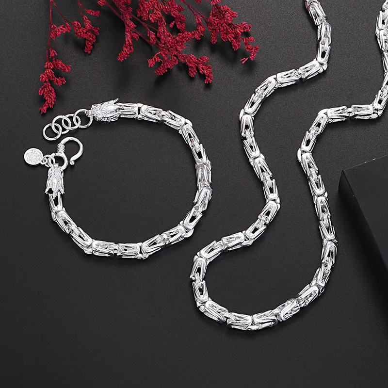 

925 Sterling Silver 8/24 Inches Dragon Head Bracelet Necklace For Women Men Fashion Punk Jewelry Set Accessories